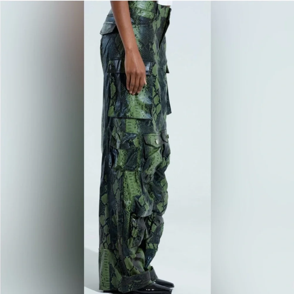 AKIRA Green and Black Snakeskin Wide Leg Faux Leather Pants - Picture 3 of 4